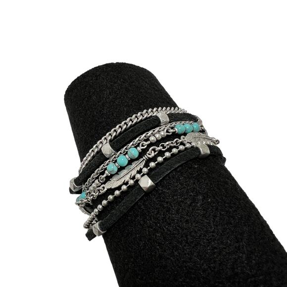Womens Multi Strand Leather Bracelet Turquoise Beads Silver Chains 8.25in Boho - Picture 1 of 12